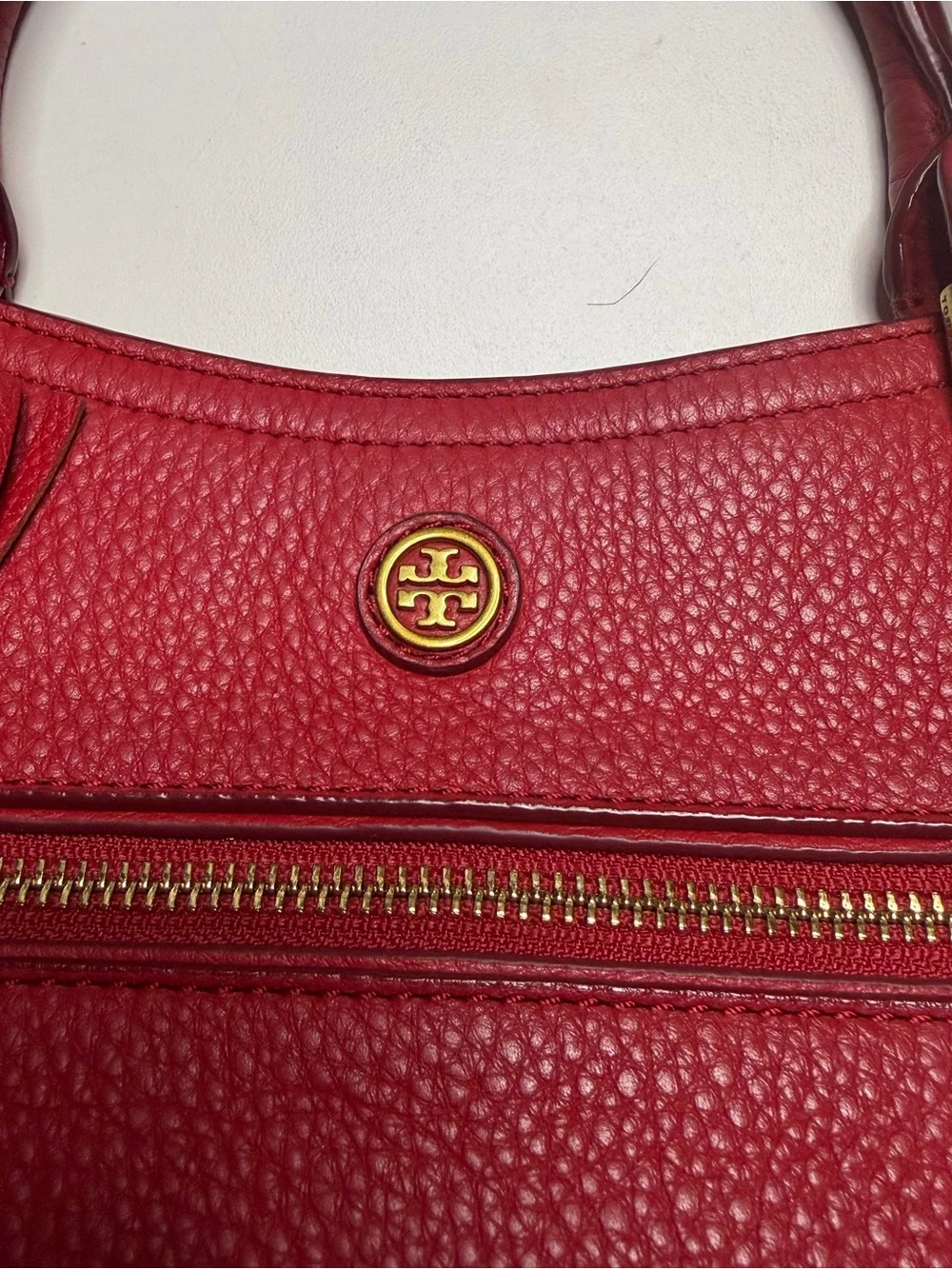 Tory Burch Red Pebbled Leather Satchel with Gold Hardware